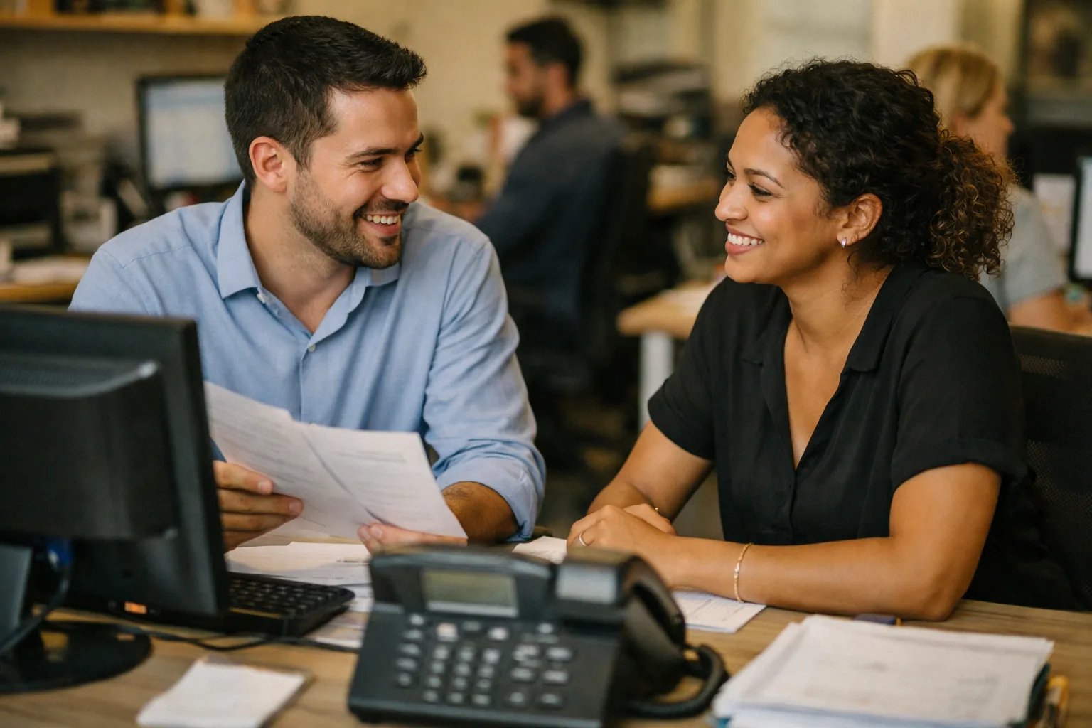 Homem e mulher em escritório comercial analisando contatos e atendendo por telefone