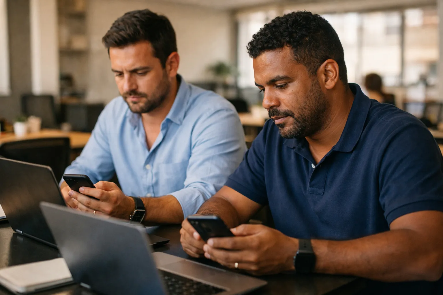 Dois profissionais brasileiros atendendo clientes por celular e notebook em um escritório