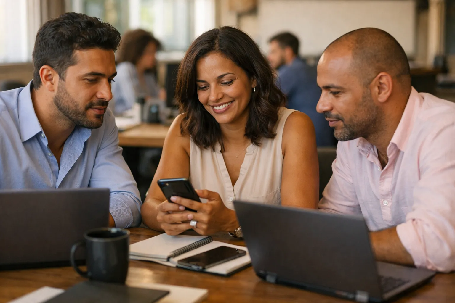 Equipe brasileira trabalhando em escritório, com notebook e celular, em atendimento e vendas.