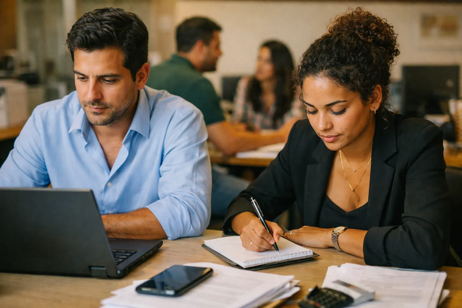 Equipe comercial brasileira analisando orçamento em um escritório