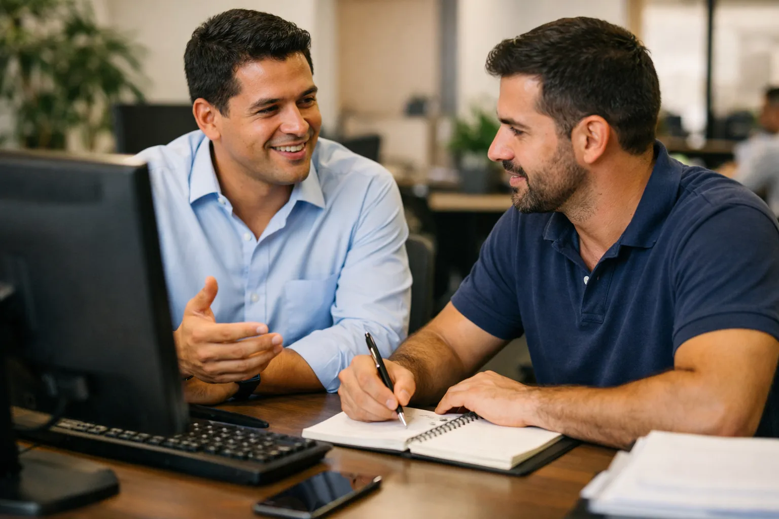 Dois homens em escritório analisando contatos de clientes e conversando