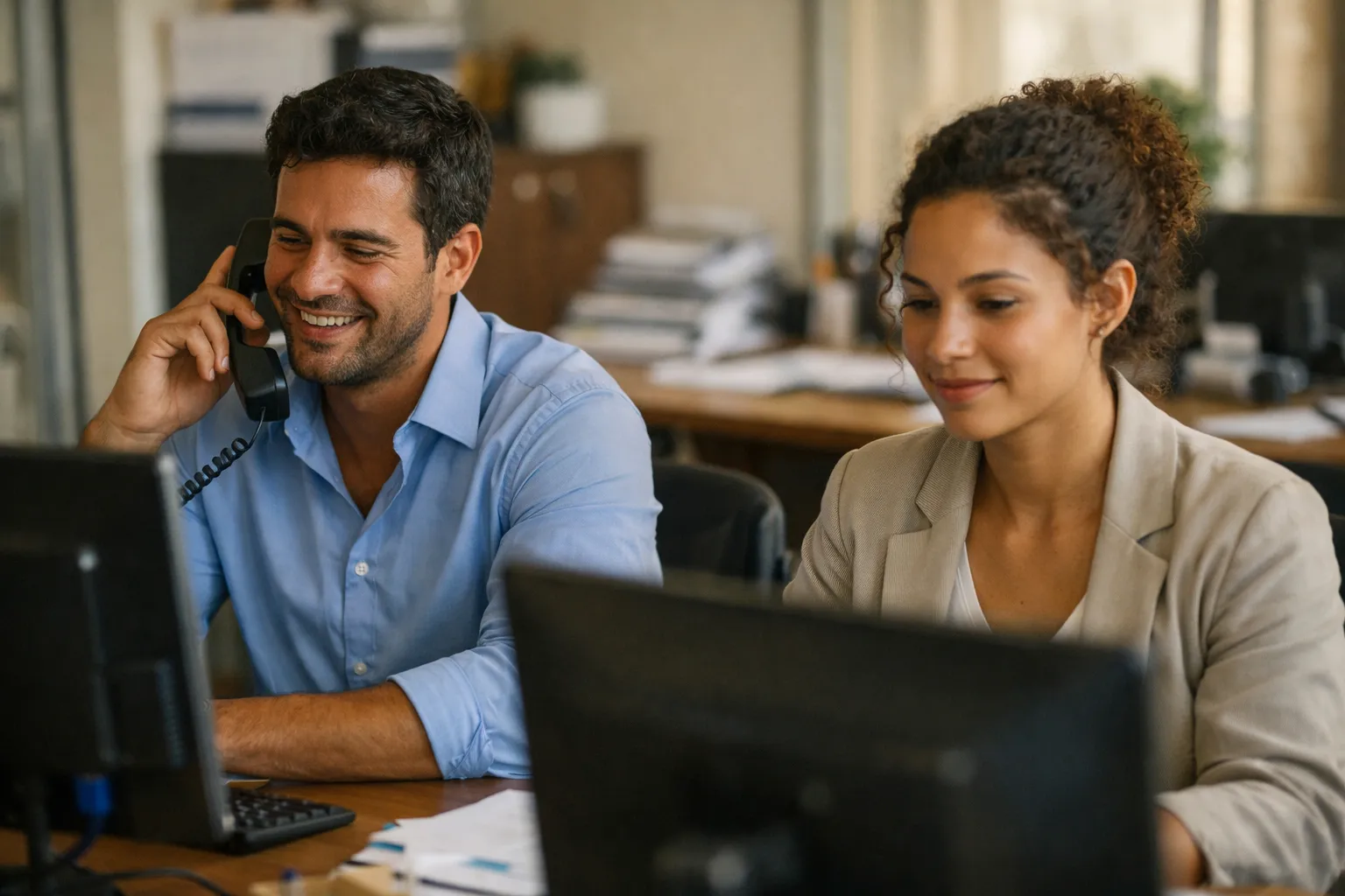 Equipe de vendas brasileira em escritório falando ao telefone e organizando atendimentos