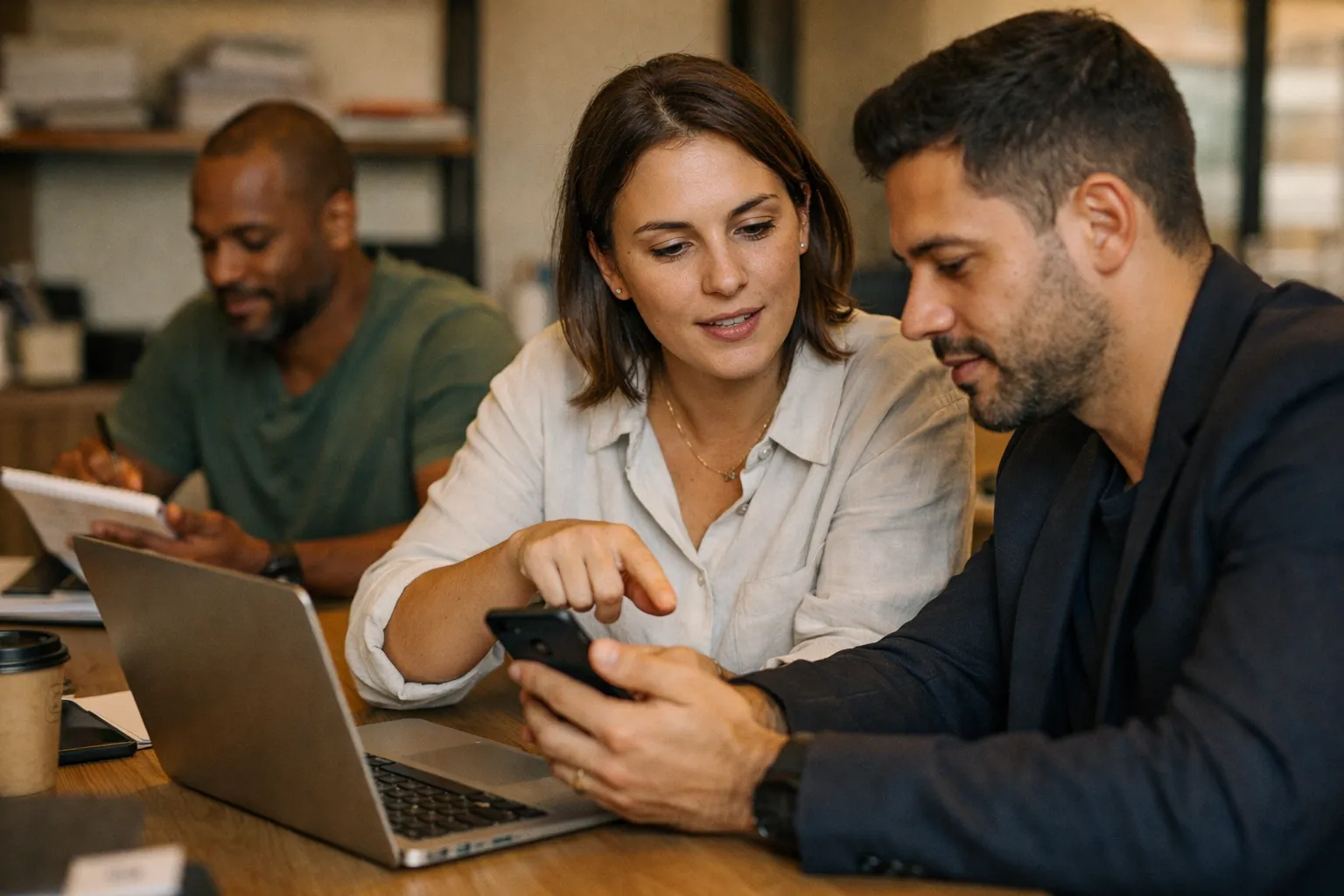 Equipe brasileira de vendas em escritório, analisando atendimento no WhatsApp