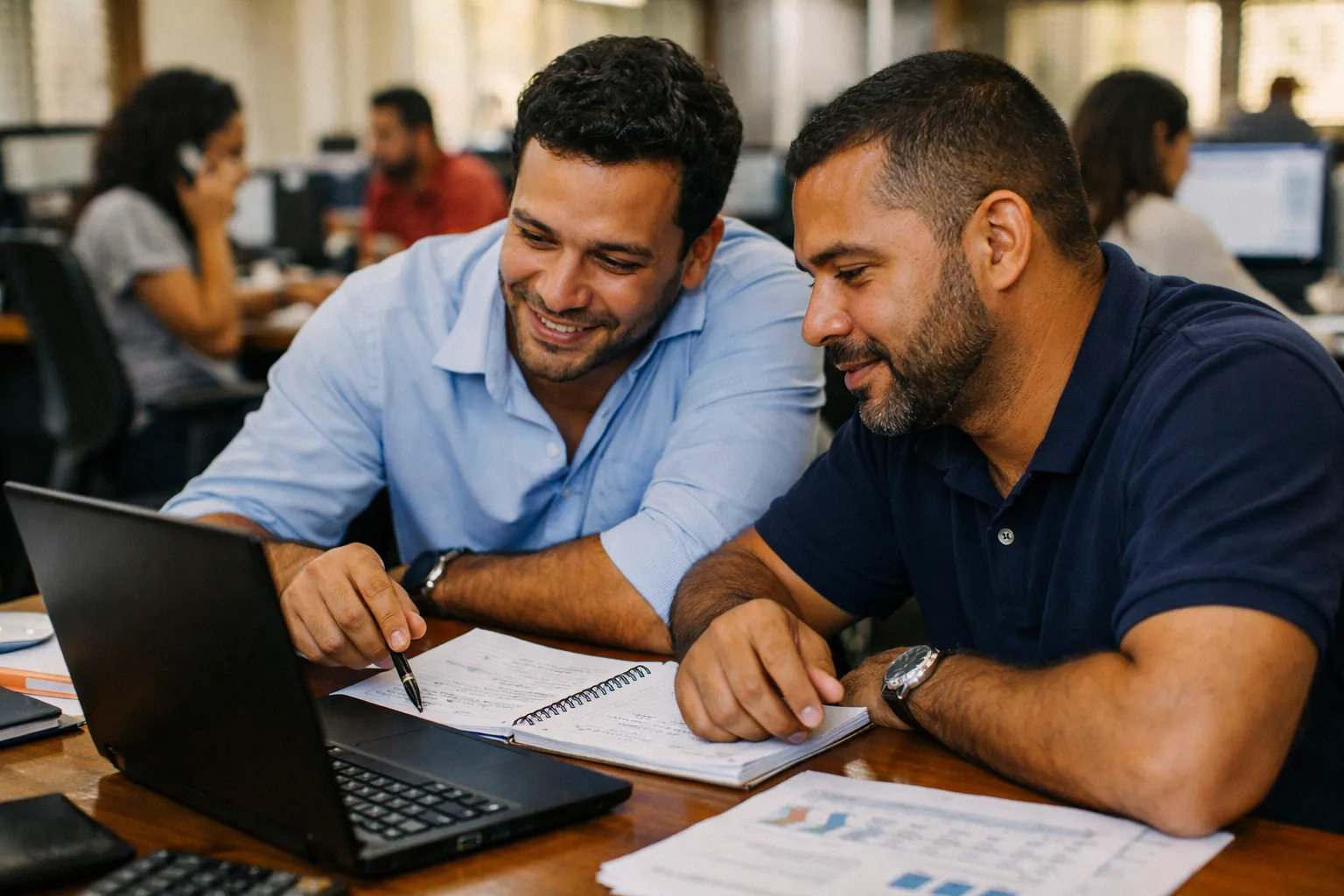 Equipe brasileira revisando o funil de vendas em um escritório com notebook e anotações