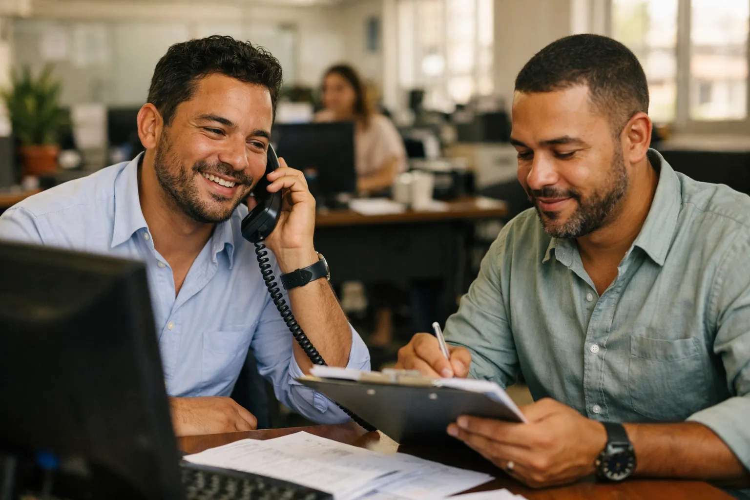 Dois homens em escritório revisando atendimento e conversando sobre clientes