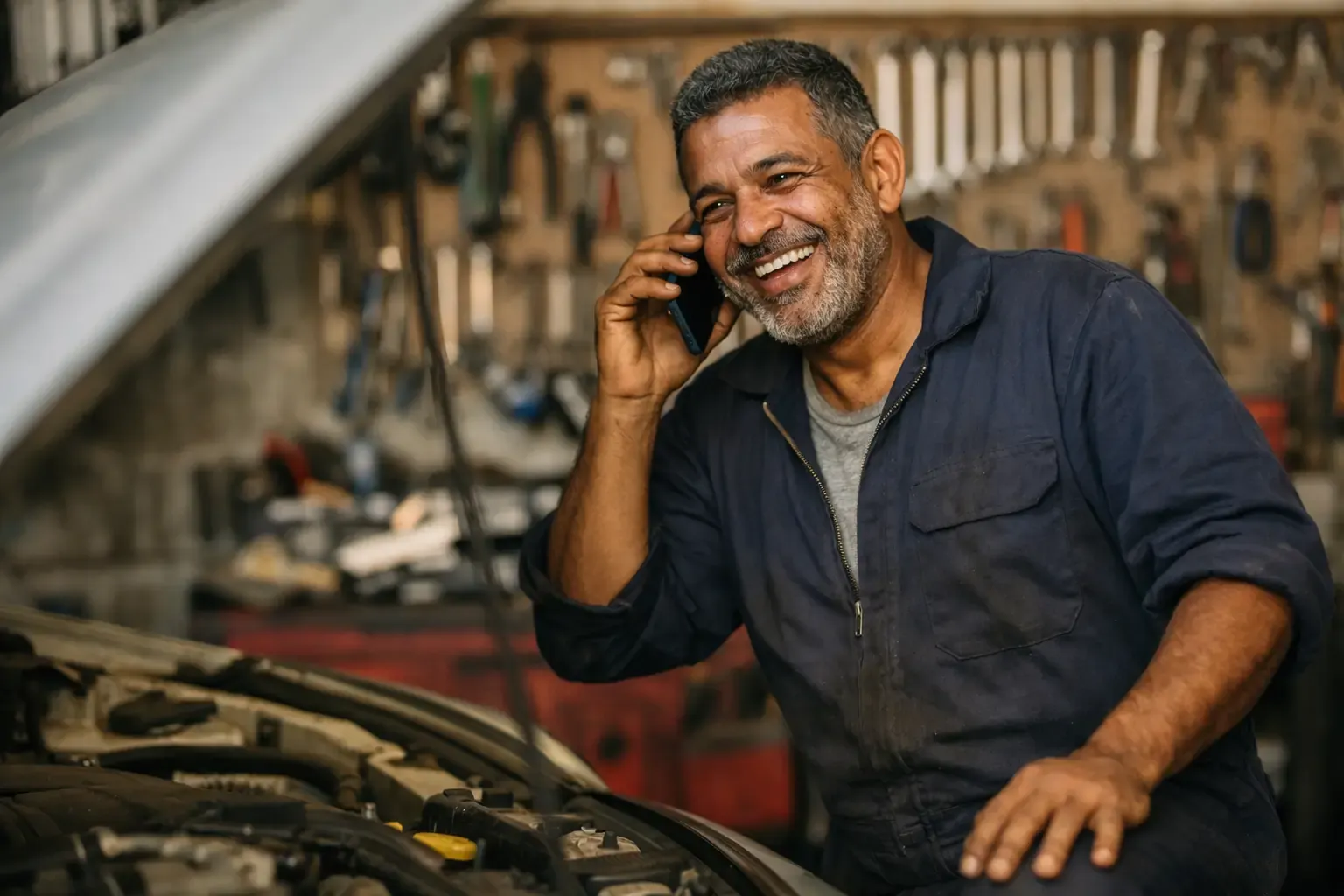 Dono de oficina mecânica falando com cliente pelo celular ao lado de um carro