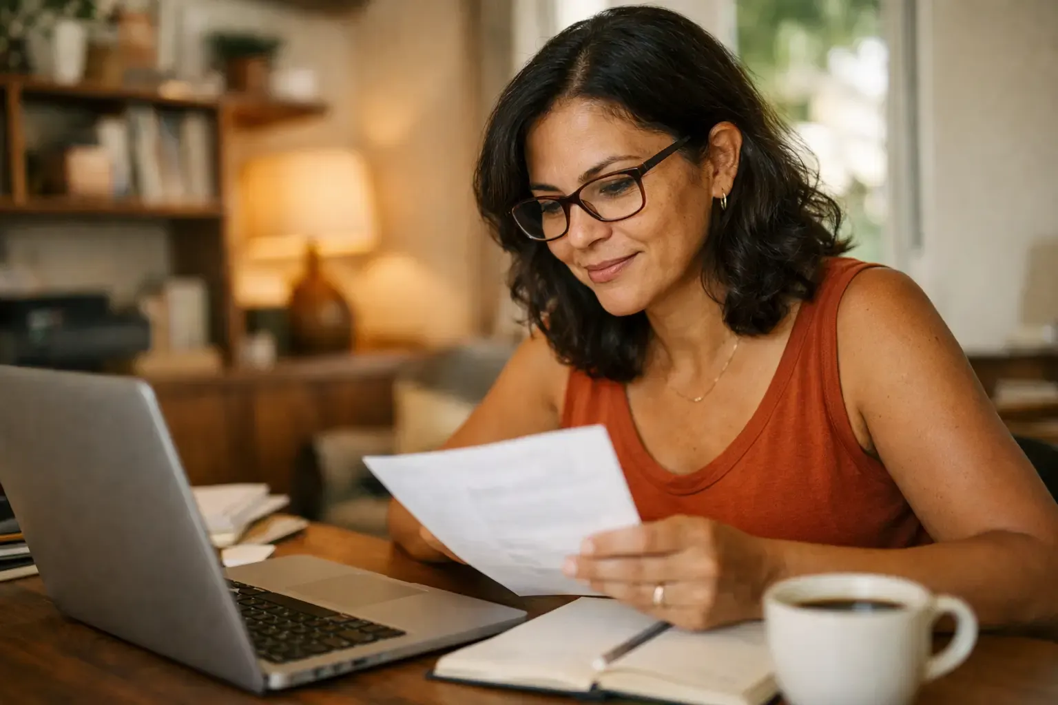 Mulher de óculos conferindo dados de clientes no notebook