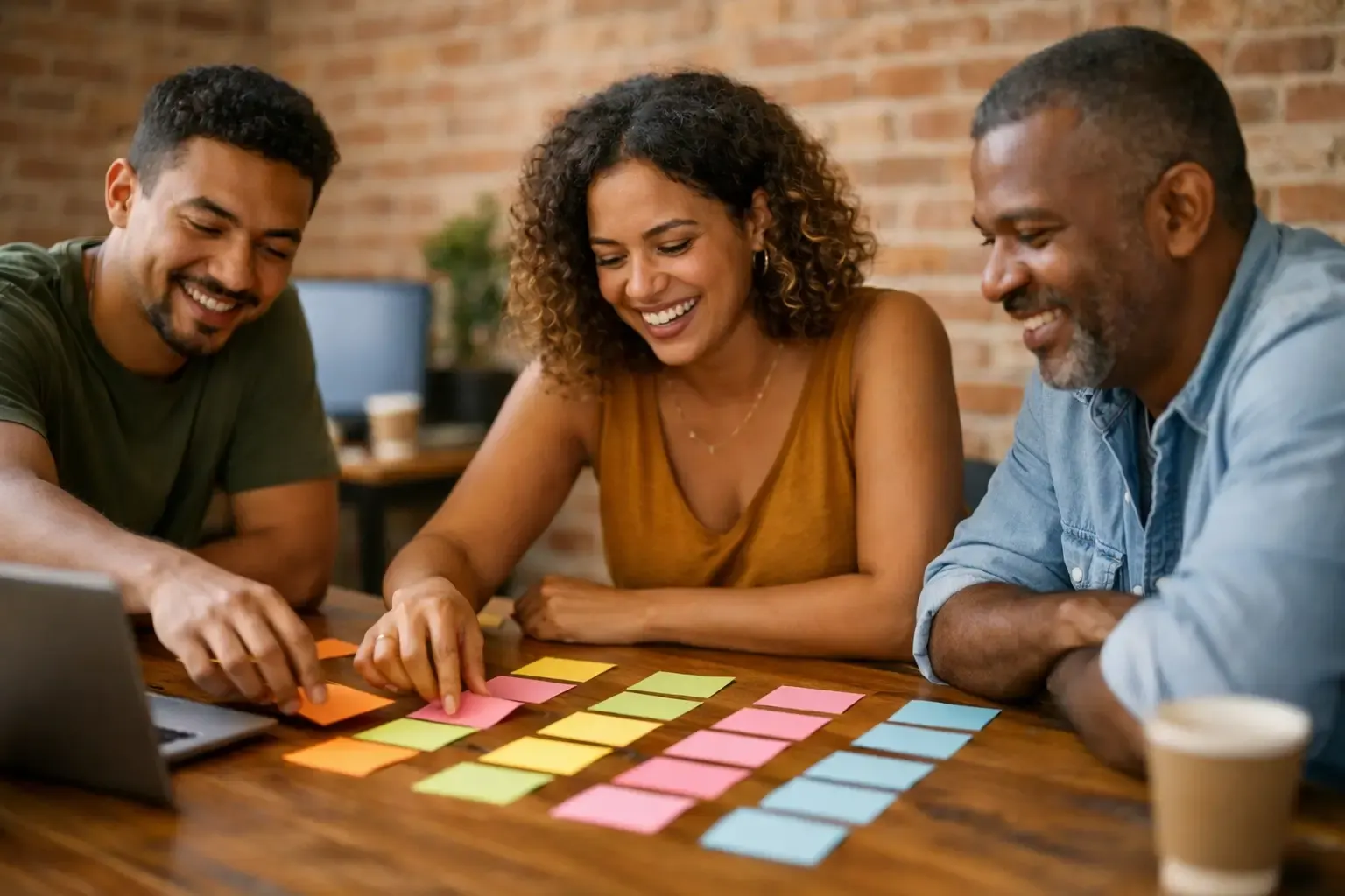 Equipe organizando cartões coloridos em colunas sobre a mesa