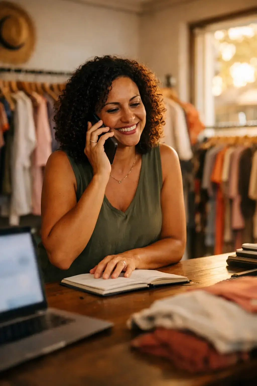 Empresária brasileira sorrindo ao telefone no balcão da sua loja de roupas