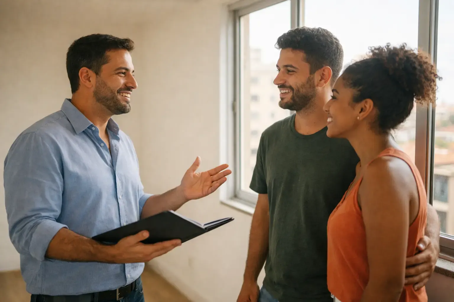 Corretor de imóveis mostrando um apartamento para um casal jovem