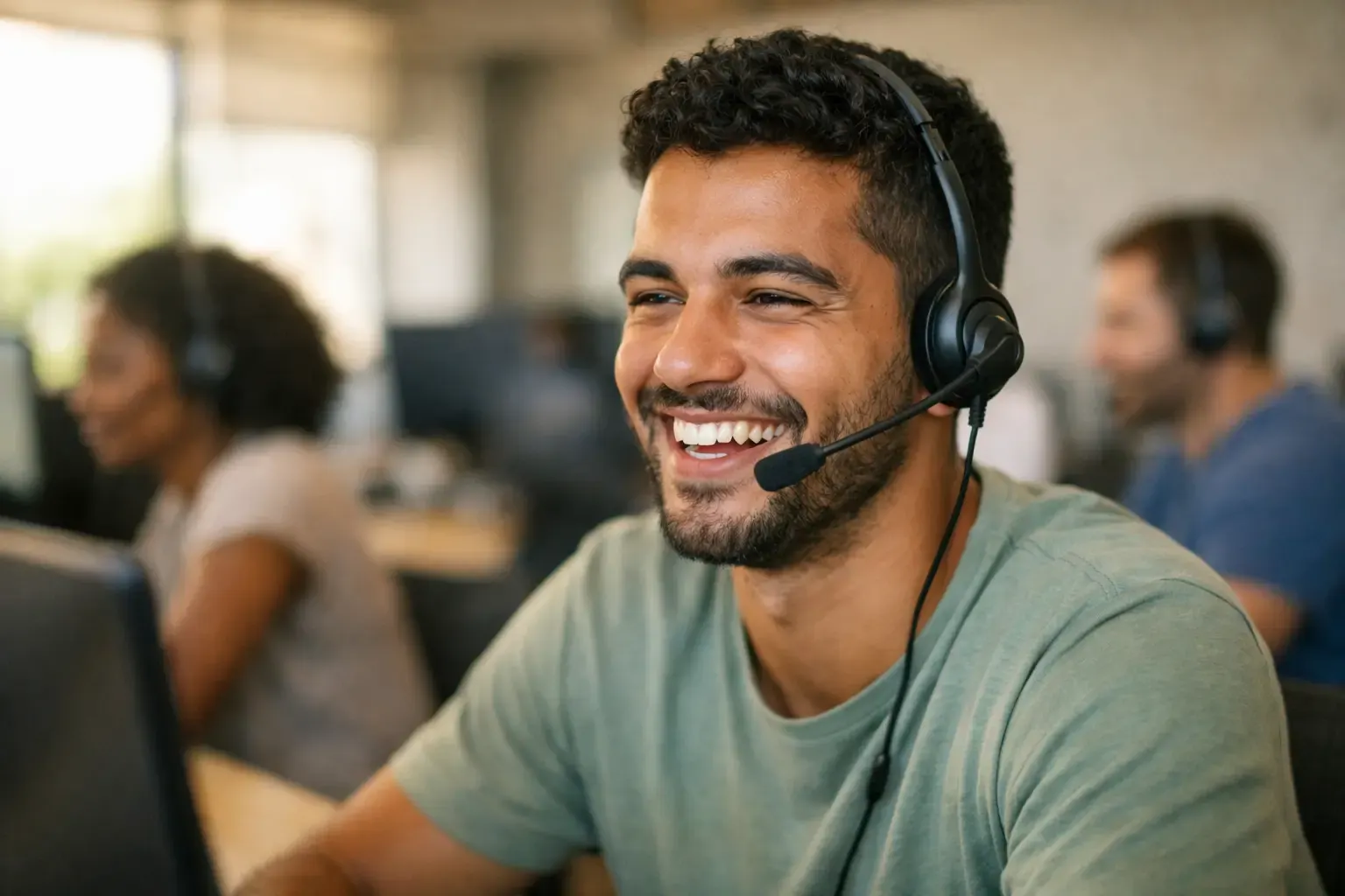 Atendente com headset sorrindo durante uma ligação