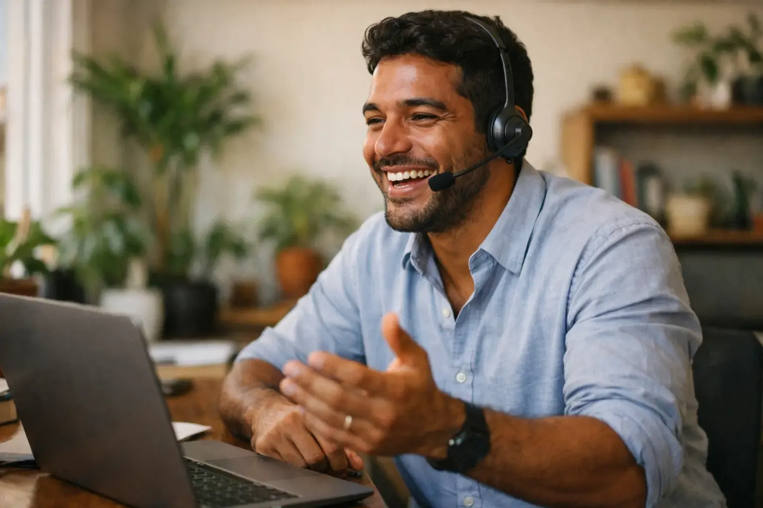 Vendedor com fone de ouvido conversando animado com um cliente ao telefone
