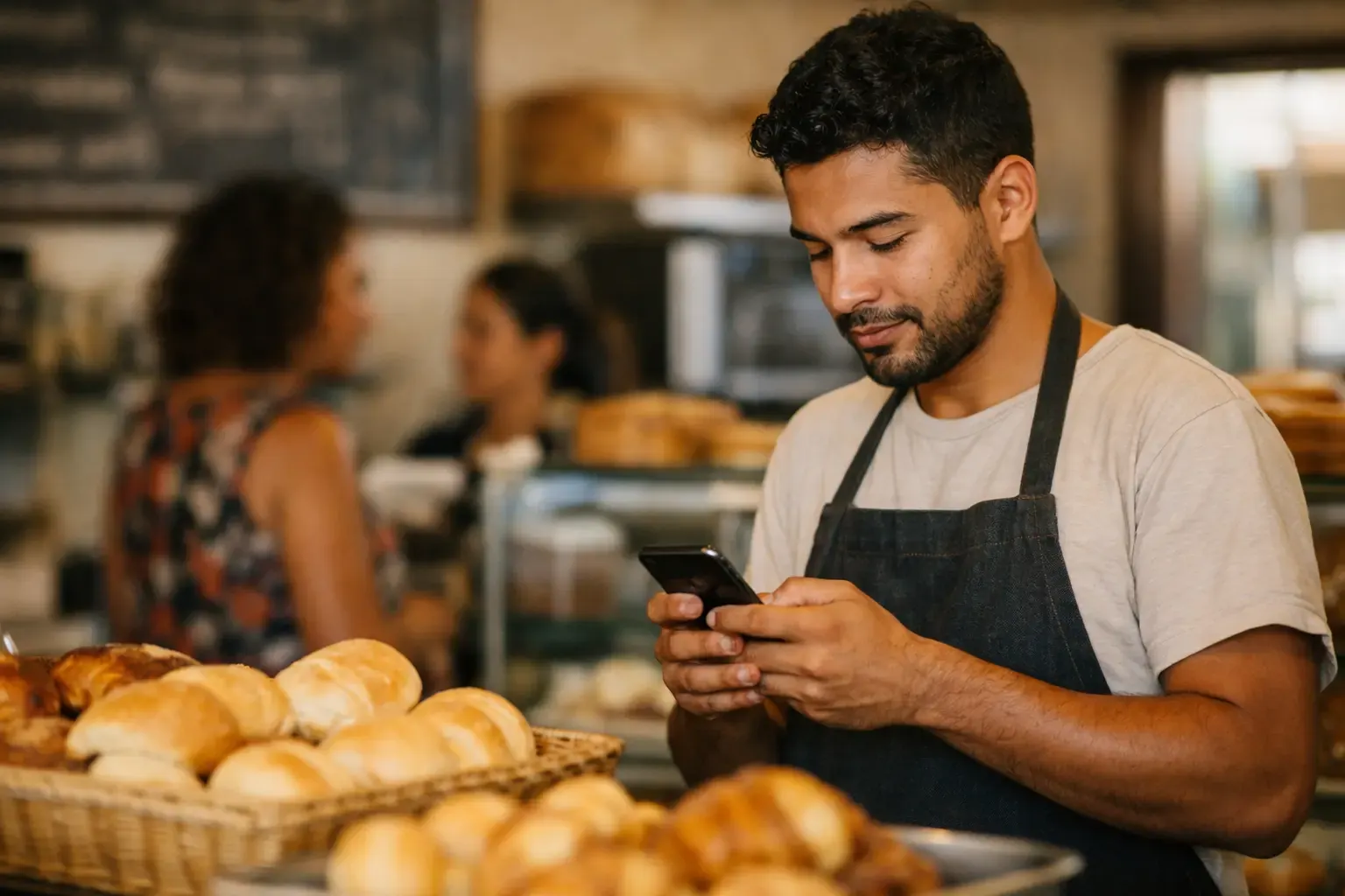 Dono de padaria respondendo pedido de cliente pelo celular atrás do balcão